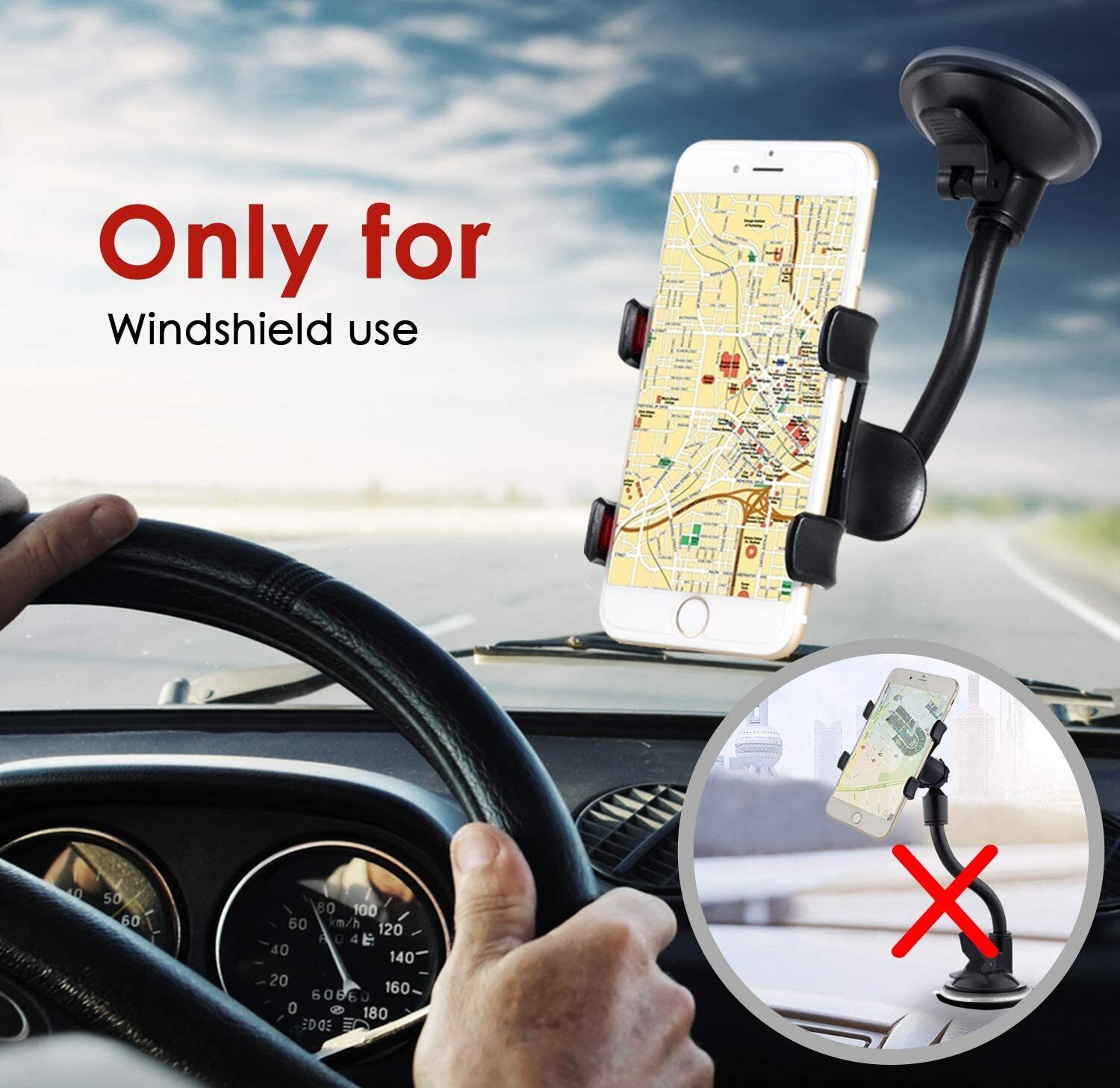 Adjustable car phone holder with 360° rotation and strong suction for windshield. Fits devices up to 3.54 inches wide. Durable arm with 360° rotation. No glue suction cup design. Made for car windshields only.