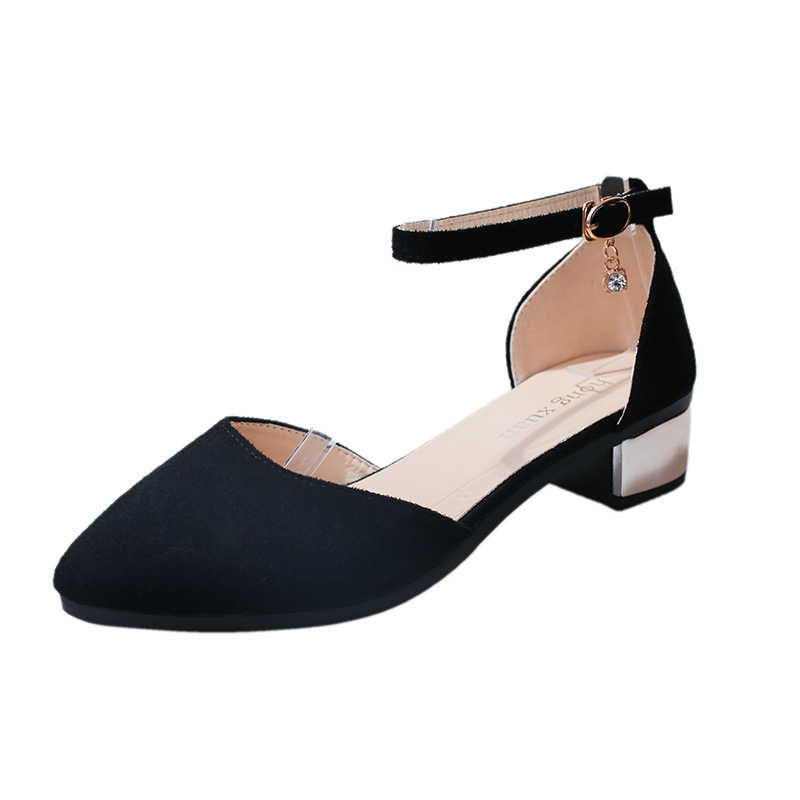 Baotou Mid heel Sandals With A Buckle And Pointed Toe Thick heeled Women's Sandals Black - Shop at LoveMi