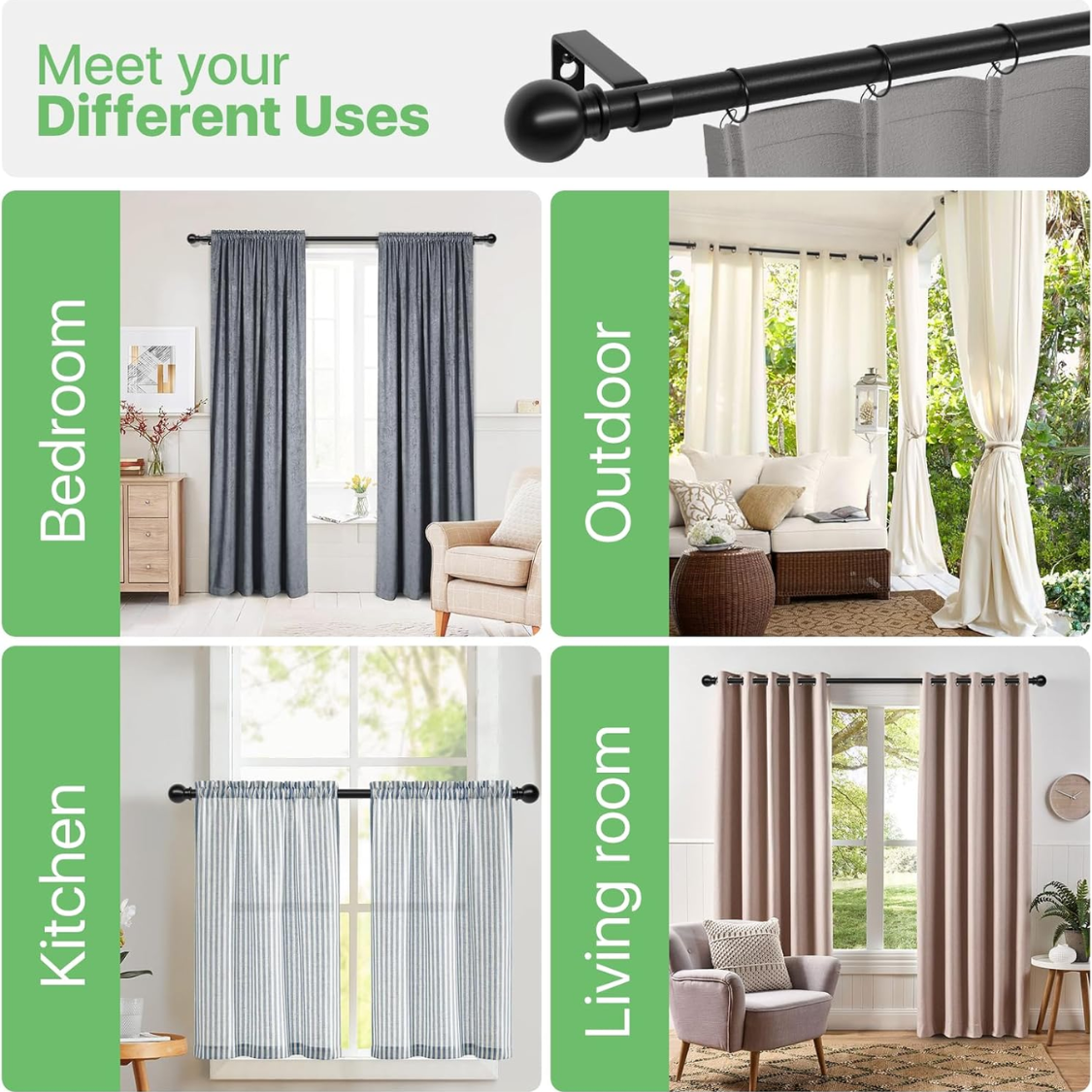 Curtain Rods For Windows 28 To 48 Inch, Black Curtain Rod Set With Brackets, Splicing Adjustable Metal Drapery Rod For Bedroom, Kitchen, Living Room, Matte Black — foto 4