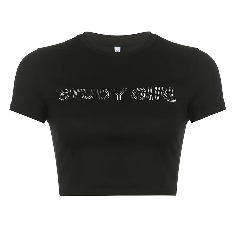 New European And American Cropped Navel Tight Letter Print T-shirt - Black