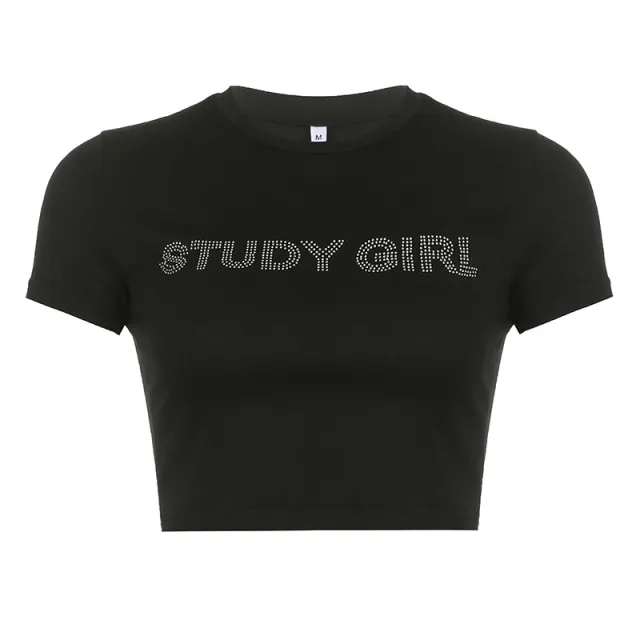 New European And American Cropped Navel Tight Letter Print T shirt Black - Shop at LoveMi
