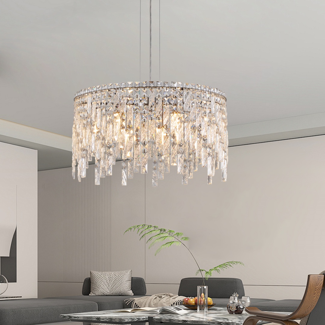 24 Luxurious Round Silver Crystal Chandelier, Contemporary Rectangular Pendant Light For Dining Room, Living Room, And Grand Foyers  Bulbs Not Included
