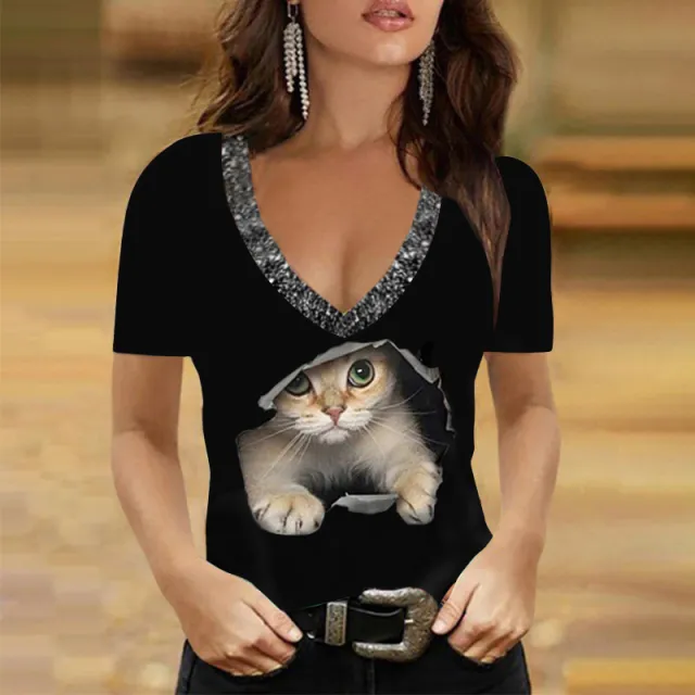 Printed V Neck Short Sleeve Top Summer Black Stripes Cat - Shop at LoveMi