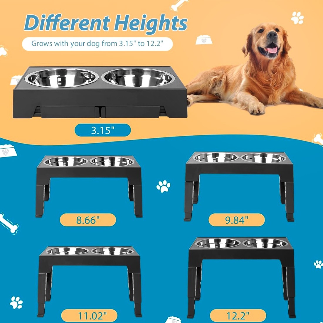 Large Dog Food Feeding Stand Station Stainless Steel Double Raised Bowls Feeding