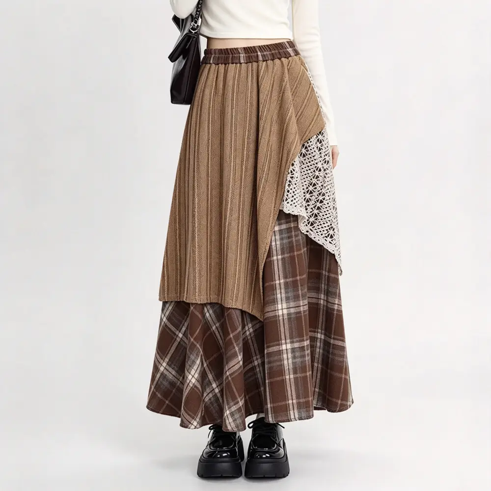 Women Patchwork Plaid Lace Elastic Waist Irregular Hem Maxi