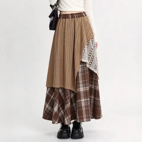 Women Patchwork Plaid Lace Elastic Waist Irregular Hem Maxi