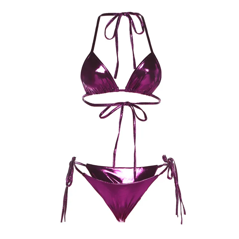 Hanging Neck Lace-up Reflective Bikini Two-piece - Purple