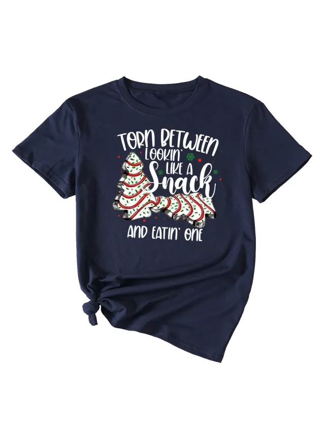Simple Pattern Printing Ladies Round Neck Short Sleeve Tops Navy - Shop at LoveMi