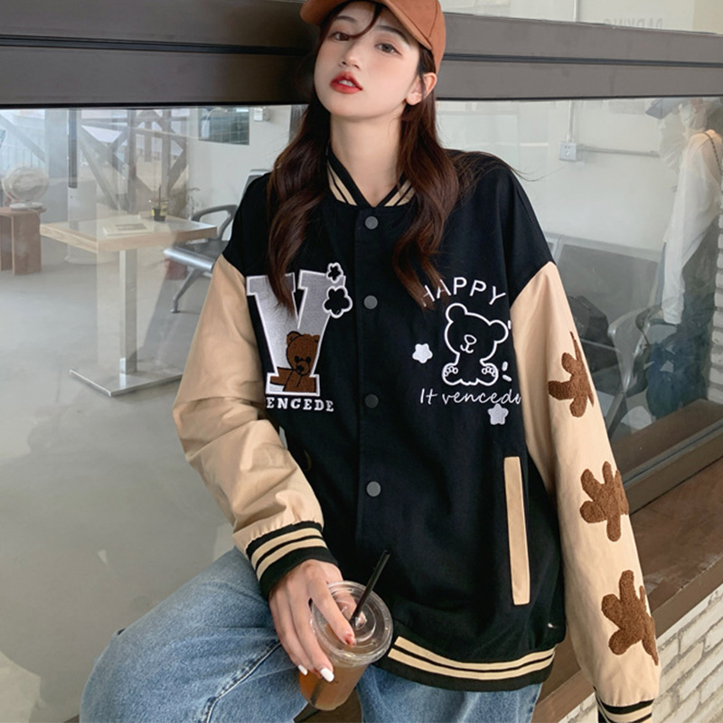 Autumn Embroidery Bear Trend Jacket Baseball Uniform Black - Shop at LoveMi