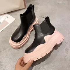 Sponge Cake Thick Soled Microfiber Leather Ankle Boots - Pink - View 1