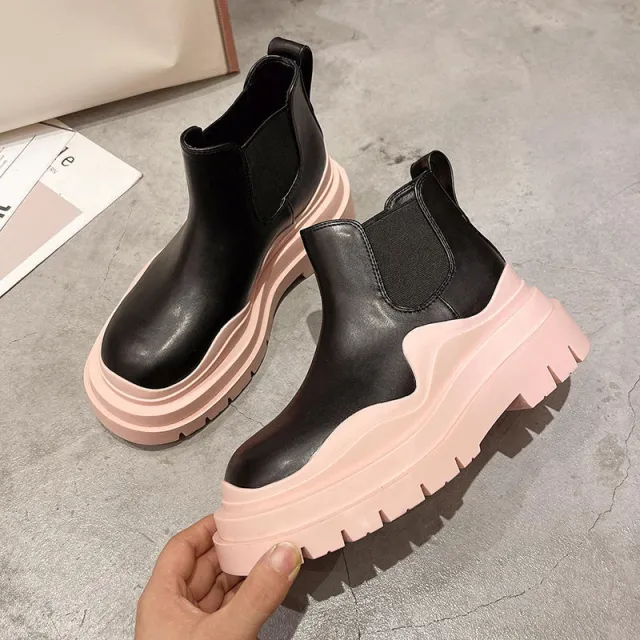 Sponge Cake Thick Soled Microfiber Leather Ankle Boots Pink - Shop at LoveMi