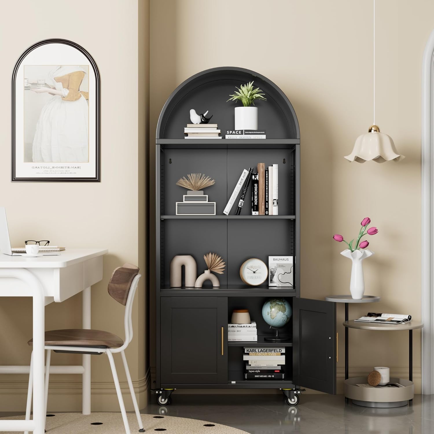 Modern Arched Metal Bookcase with Wheels – Freestanding Black Storage Shelf - Image 3