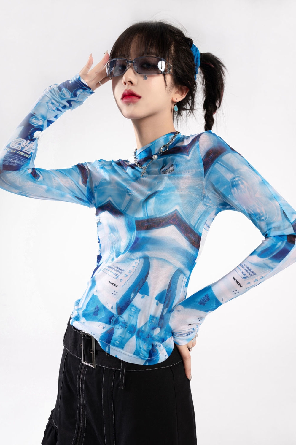 Tie Dye Printed Mesh Bottoming Shirt Long Sleeved Tops