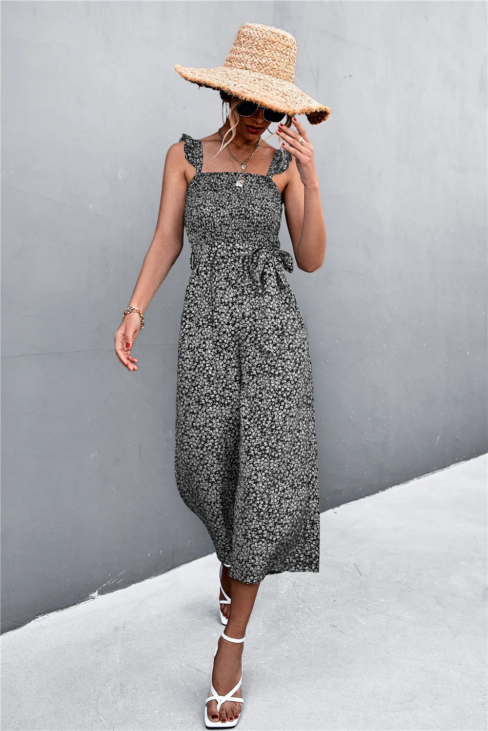 Flying Sleeves Belt Floral Sleeve Jumpsuit - Black