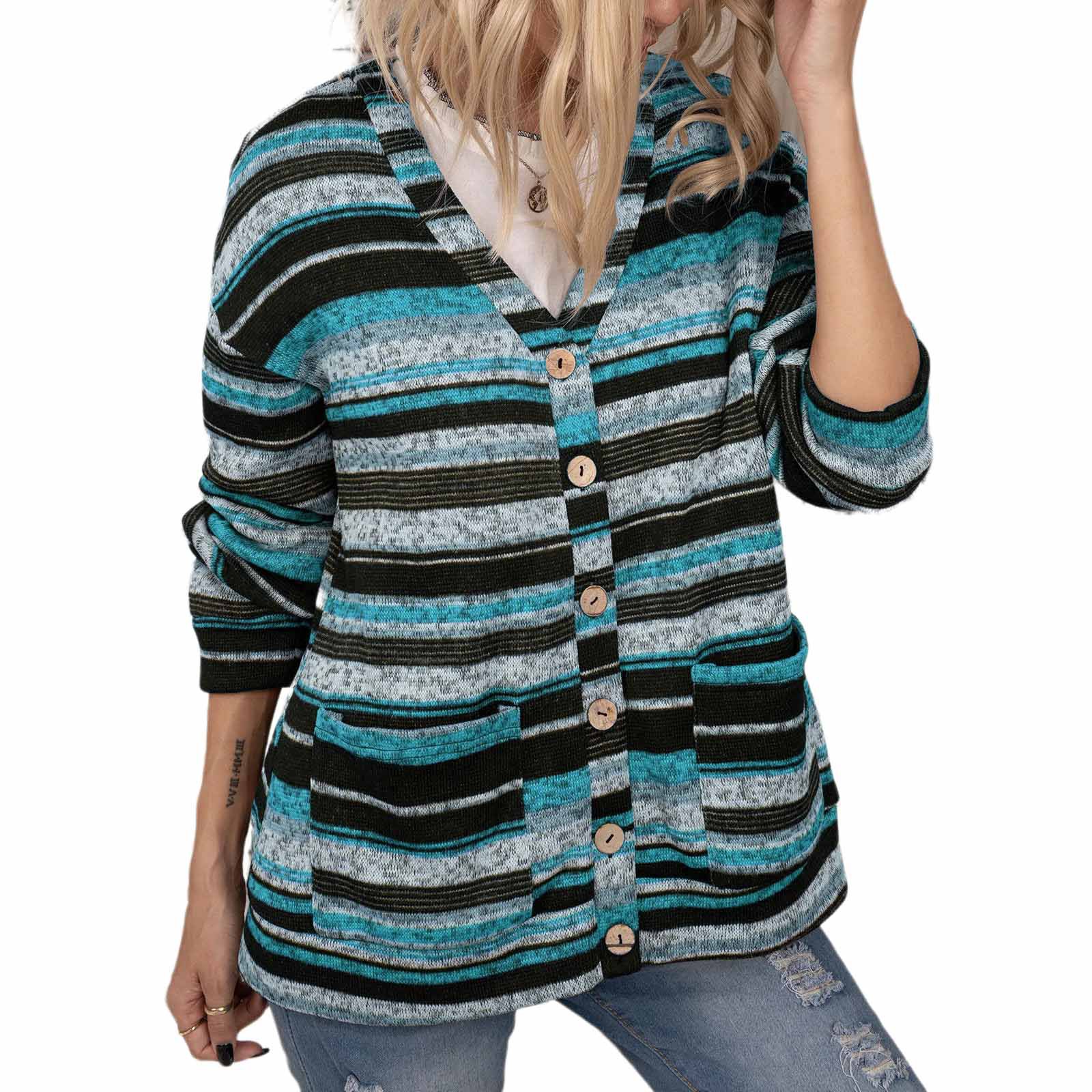 V-neck Knitted Button Cardigan Sweater Pocket Long-sleeved Top