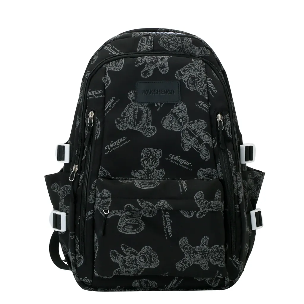 Cute Bears Print Backpack Fashion Versatile Large Capacity Travel Bags Women Junior High School Students Schoolbag Girls Campus Bag - Black