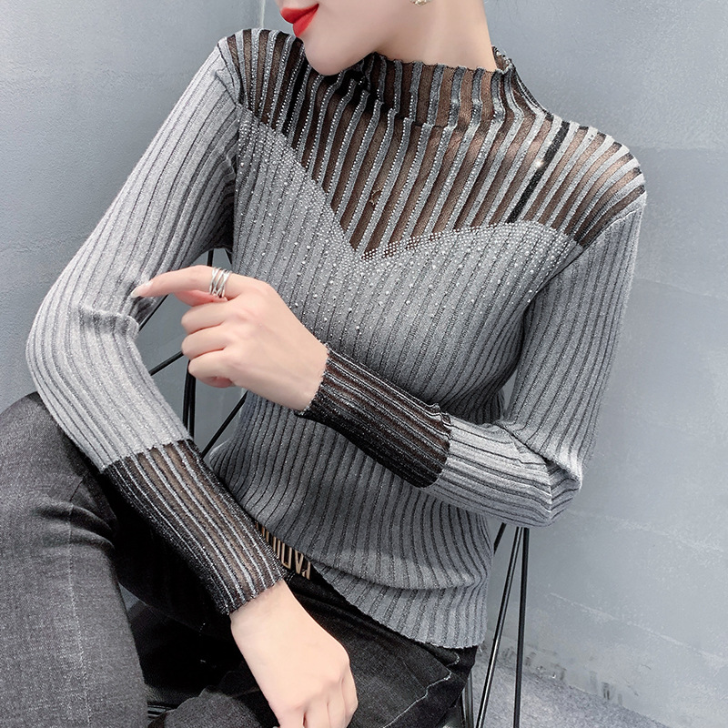 Women's Long Sleeve Hot Diamond Mesh Splicing Knitwear
