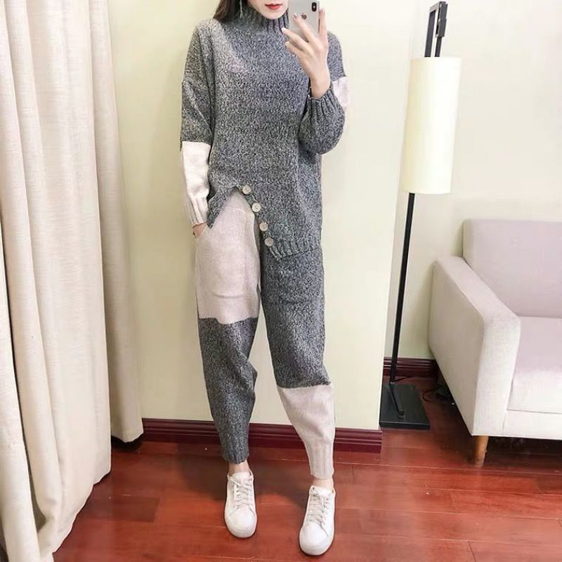 New Style Casual Suit Women Knitted Half Turtleneck Sweater Pants