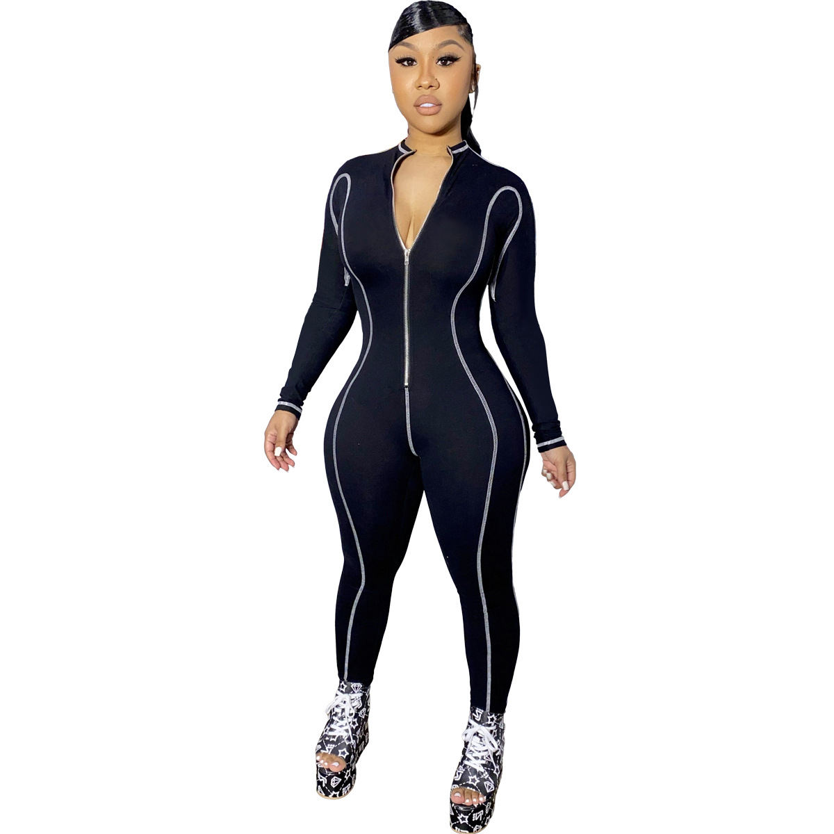 Women’s Striped Zip Collar Long Sleeve Jumpsuit