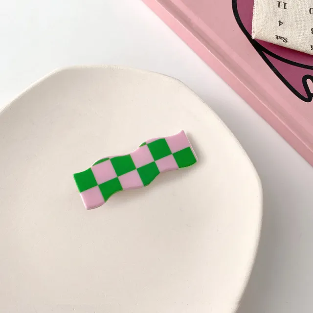 Wavy Checkerboard Hair Clips Sweet Versatile Bangs Clips Pink Green Grid - Shop at LoveMi