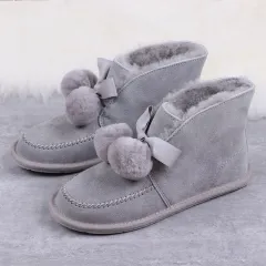Low Top Women's Shoes Fur One With Velvet Ribbon Bow - Grey - View 1