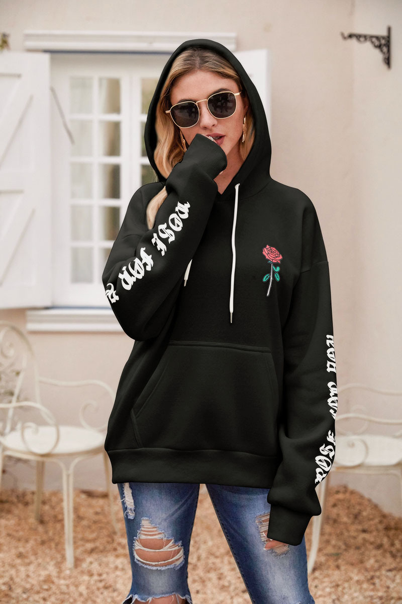 Title 3, Casual Hooded Hoodie With Rose Print Pullover