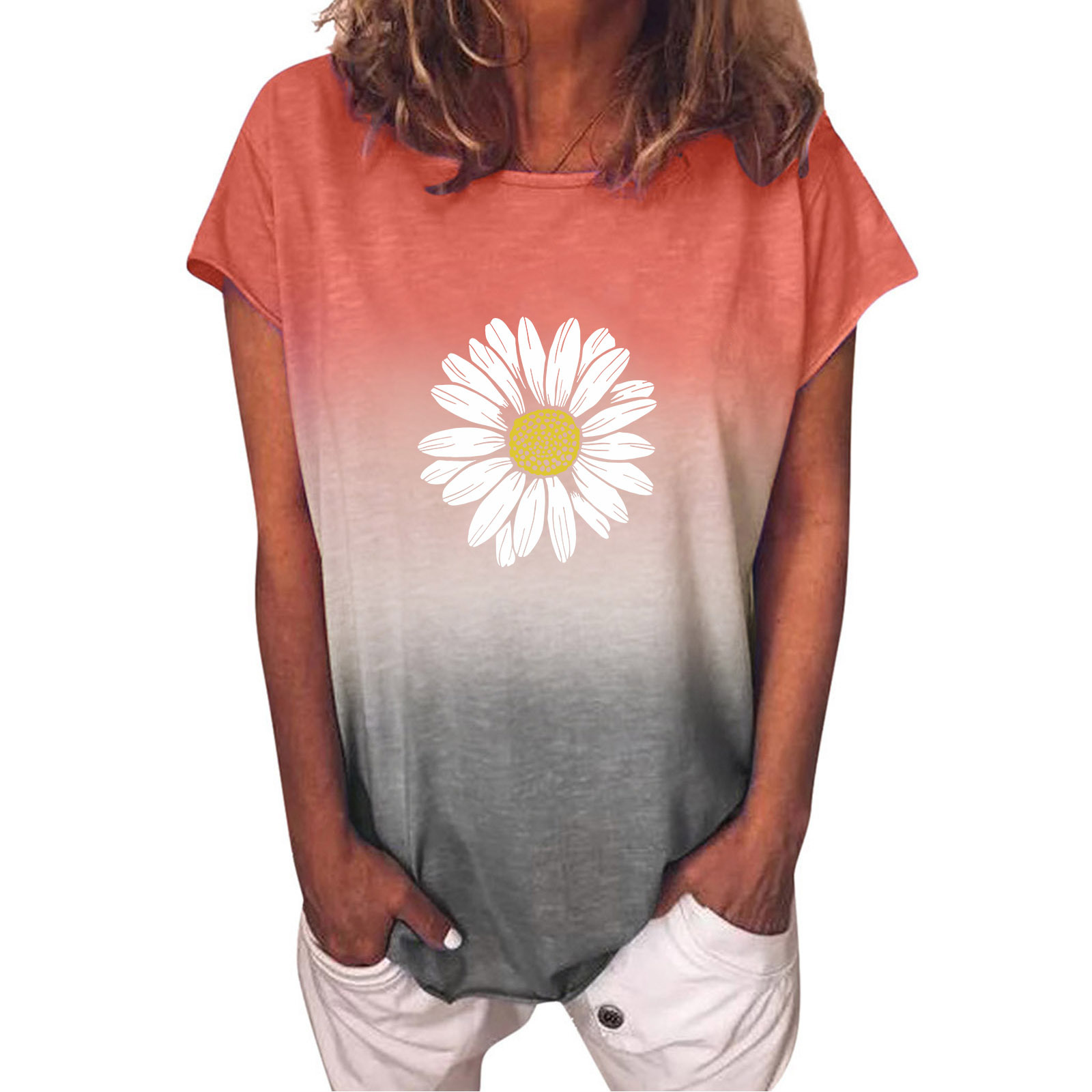 Rainbow Gradient Print T Shirt Short Sleeves Orange - Shop at LoveMi