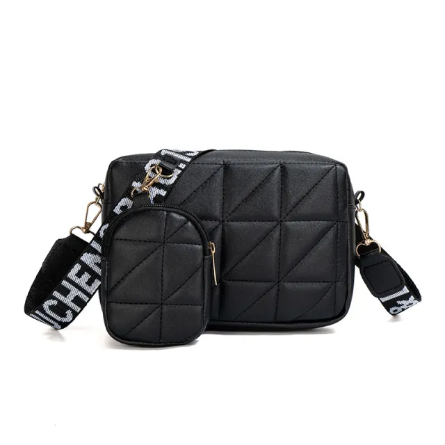 Rhombus Shoulder Bag With Wallet Letter Print Wide Shoulder Strap Small Square Bag Large Capacity Cell Phone Crossbody Bags Black - Shop at LoveMi