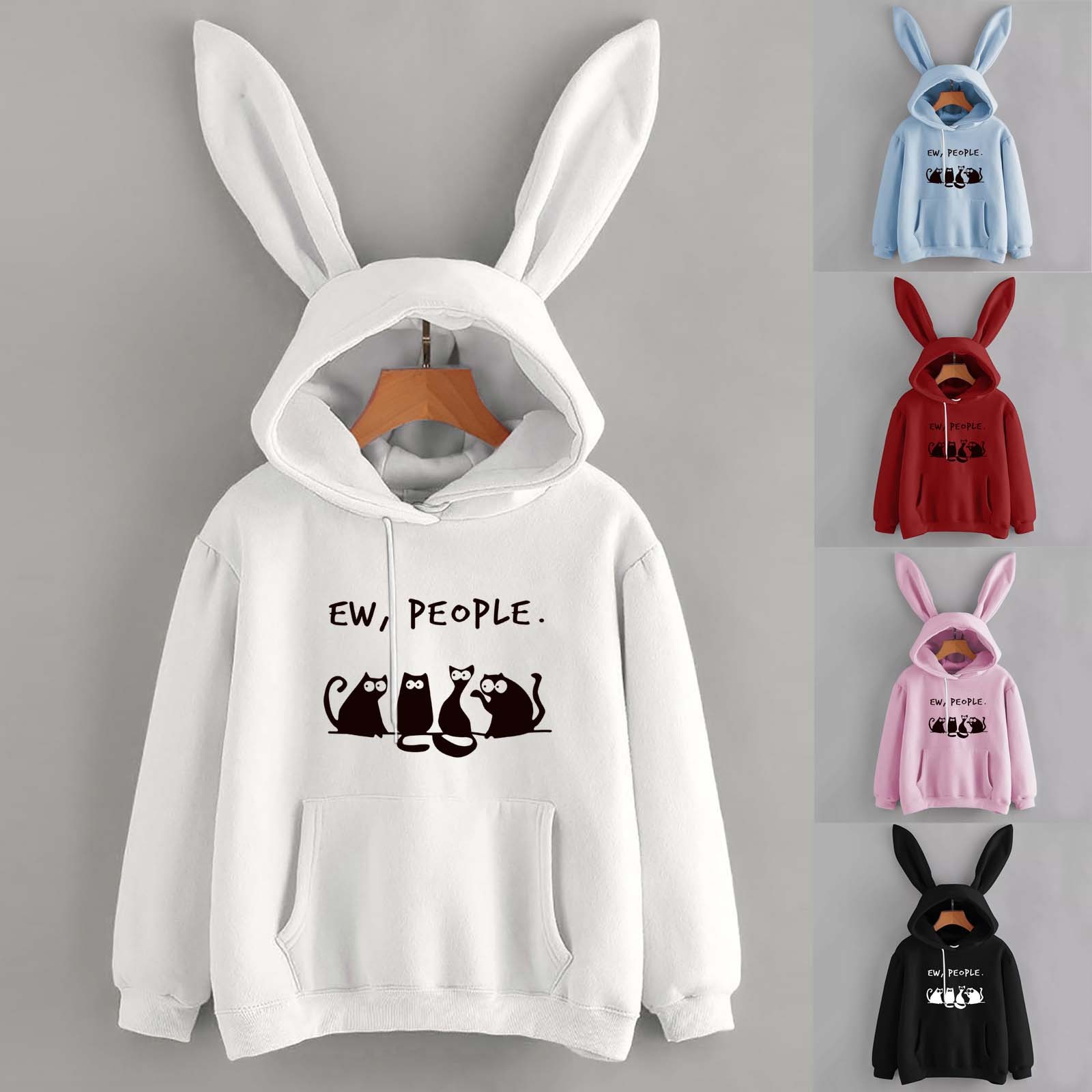 New Rabbit Ears Print Ladies Cute Long-sleeved Hooded Sweater Fleece