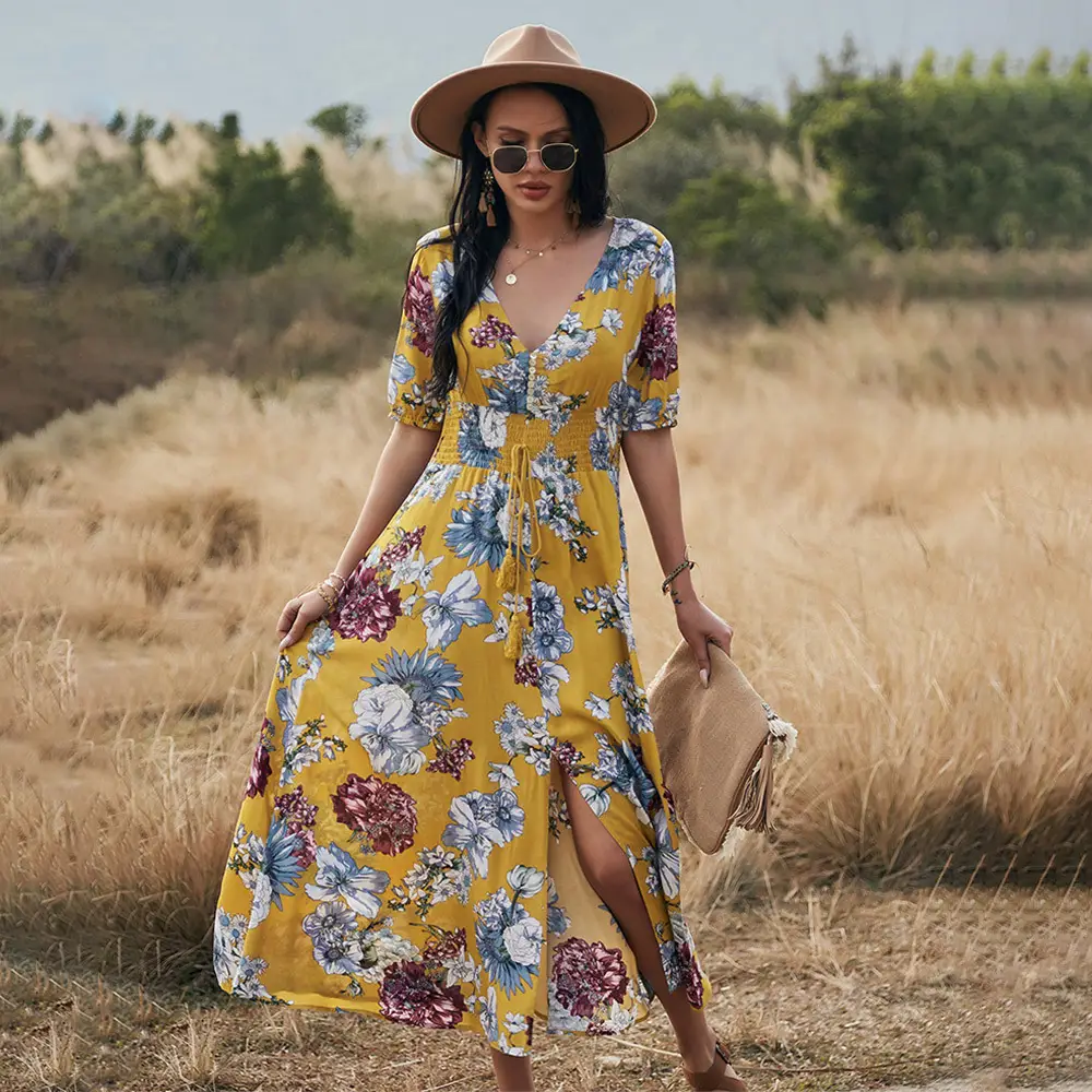 Floral Summer Beach Dress with V Neck Elastic Waist Dresses for Women
