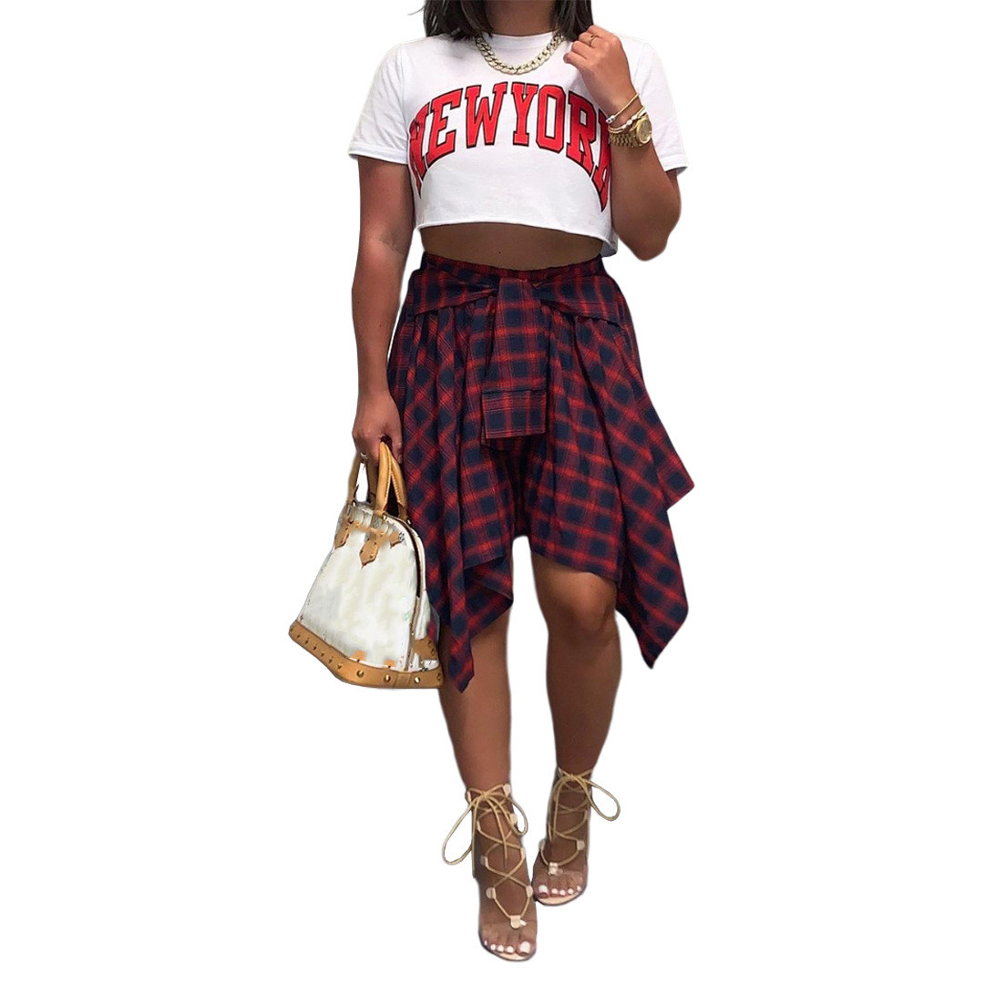 Women's Fashion Irregular Plaid Tie Sleeve Fake Shirt Skirt Red Black - Shop at LoveMi