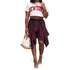Women's Fashion Irregular Plaid Tie-Sleeve Fake Shirt Skirt - Red Black - View 1