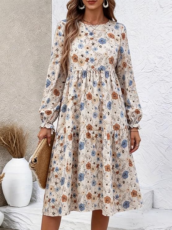 Women's Floral Print Tiered Midi Dress Round Neck Long Puff Sleeve Casual A-Line Dress
