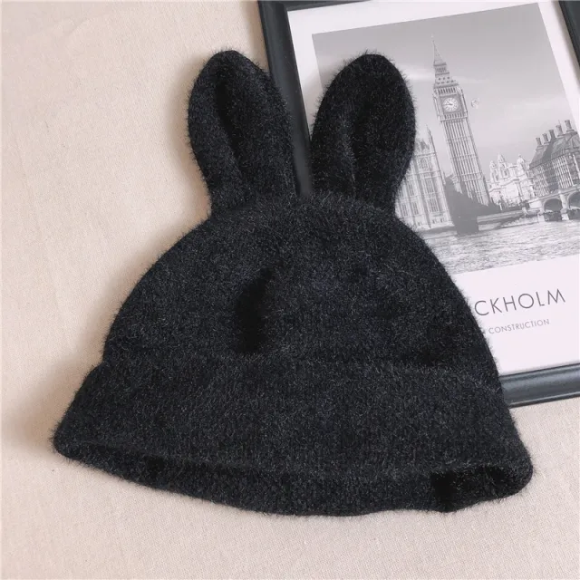 Plush Knit Beret With Rabbit Ears Black - Shop at LoveMi