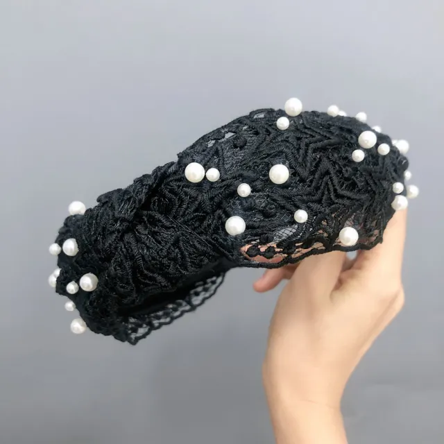 Ladies Buckle Pearl Lace Knotted Headband Black Pentagram - Shop at LoveMi