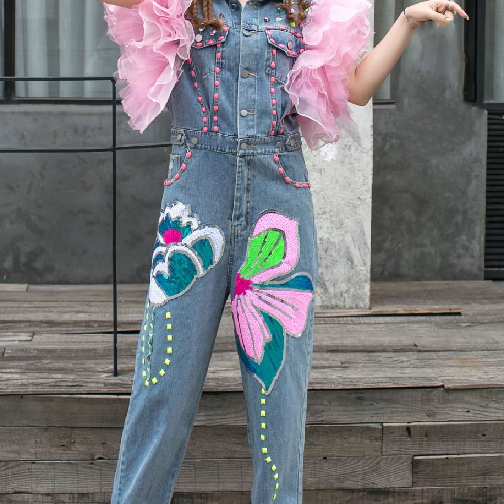 Sequin Flower Rhinestone With Mesh Flying Sleeve Denim Jumpsuit - Image 1