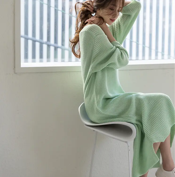 Women's Knit Dress Over The Knee Mid-length Loose V-neck Sweater Dress