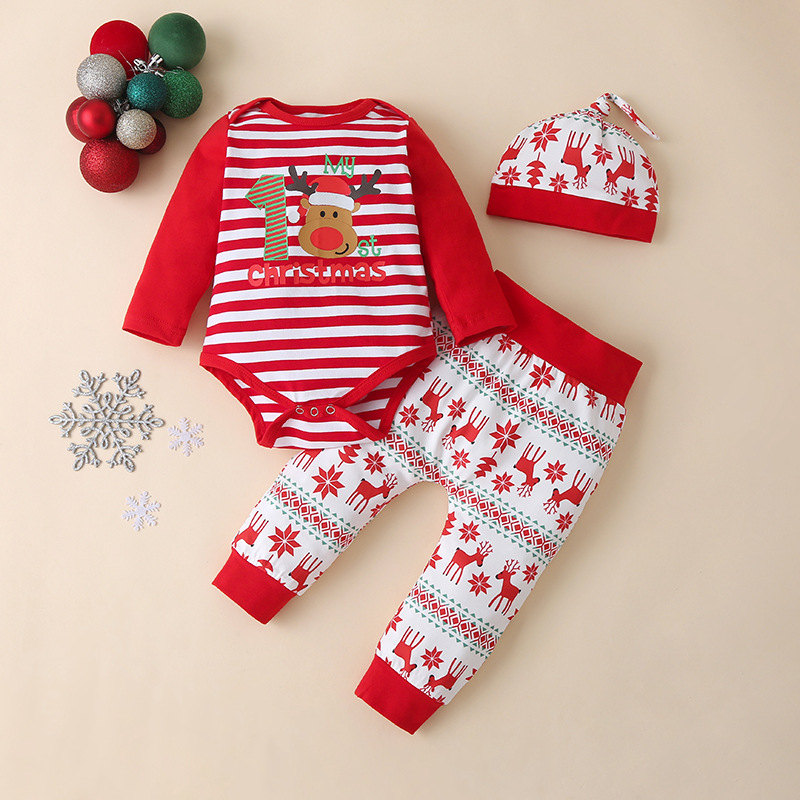 Christmas Ins Style European And American Striped Pants Hooded Romper
