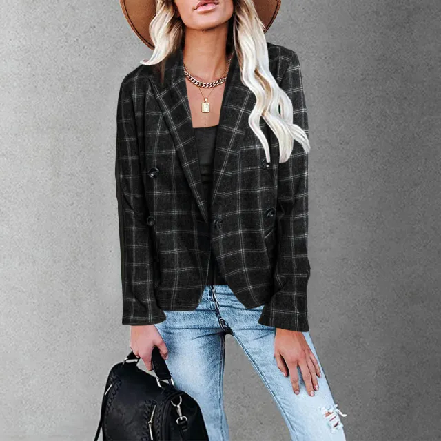 Women's New Plaid Print Button Casual Suit Black - Shop at LoveMi