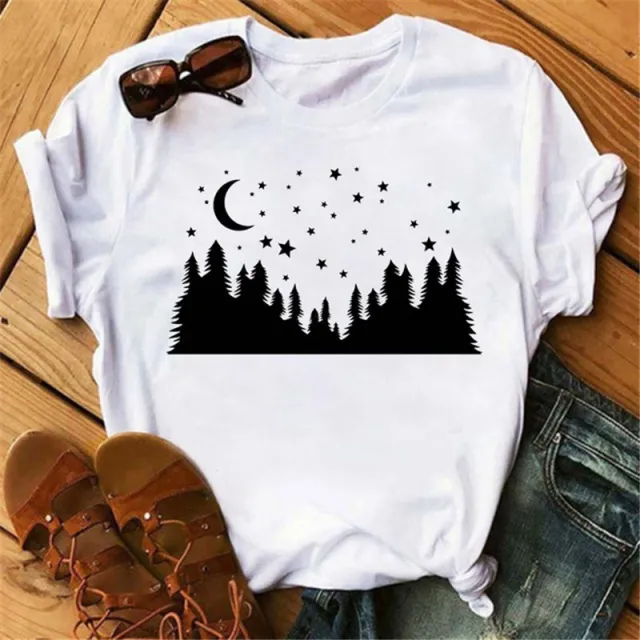 Printed Round Neck Loose White Women Short Sleeves G - Shop at LoveMi