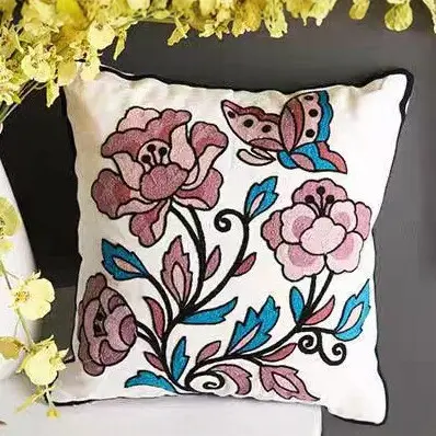 Hand Feel Embroidered Floral Throw Pillow Vintage