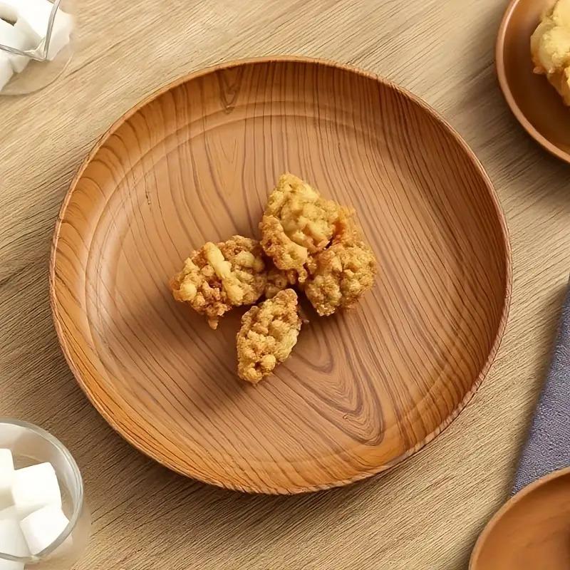 10 Creative Wood Grain Plastic Plates - Round Striped Design, High-Quality Lightweight, Suitable For Home, Dessert Shops 11