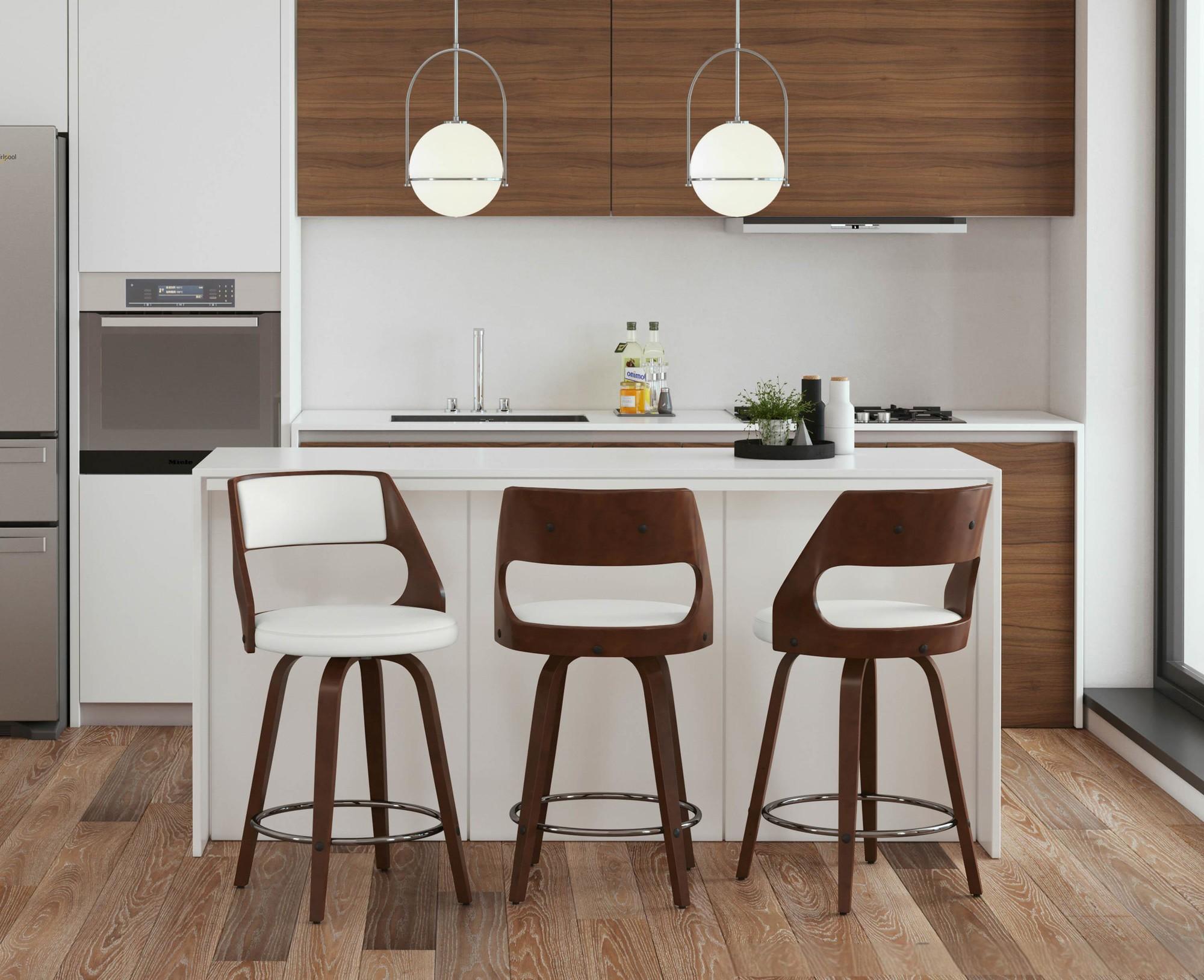 Mid-Century Modern Counter Stool With Swivel In Cherry And White Faux Leather - Set Of 2 — foto 8