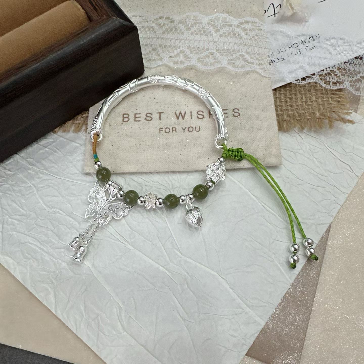 1pcs 999 Sterling Silver Half Bangle Butterfly Tassel Hetian Jade Bead Braided Bracelet, Elegant Chinese Style, For Women Hanfu Daily Wear & Anniversa