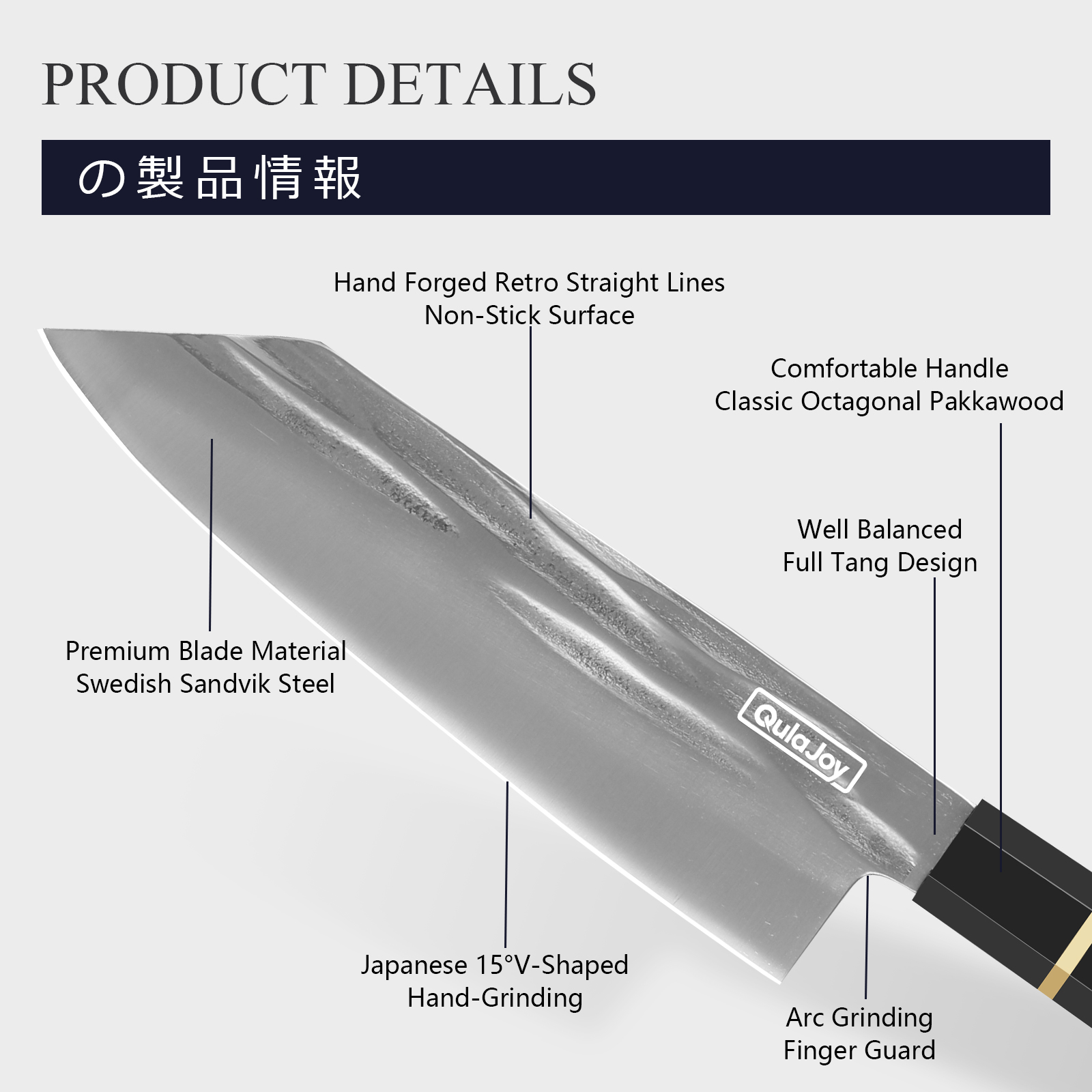 Qulajoy Chef Knife 8 Inch - Hand Forged Swedish Sandvik Steel Gyuto Cooking Knife - Professional Japanese Kitchen Knife - Classic Octagonal Handle