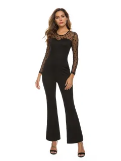 Mesh Stitching Round Neck Solid Color Long-Sleeved Sexy Slim Jumpsuit - Black - View 1