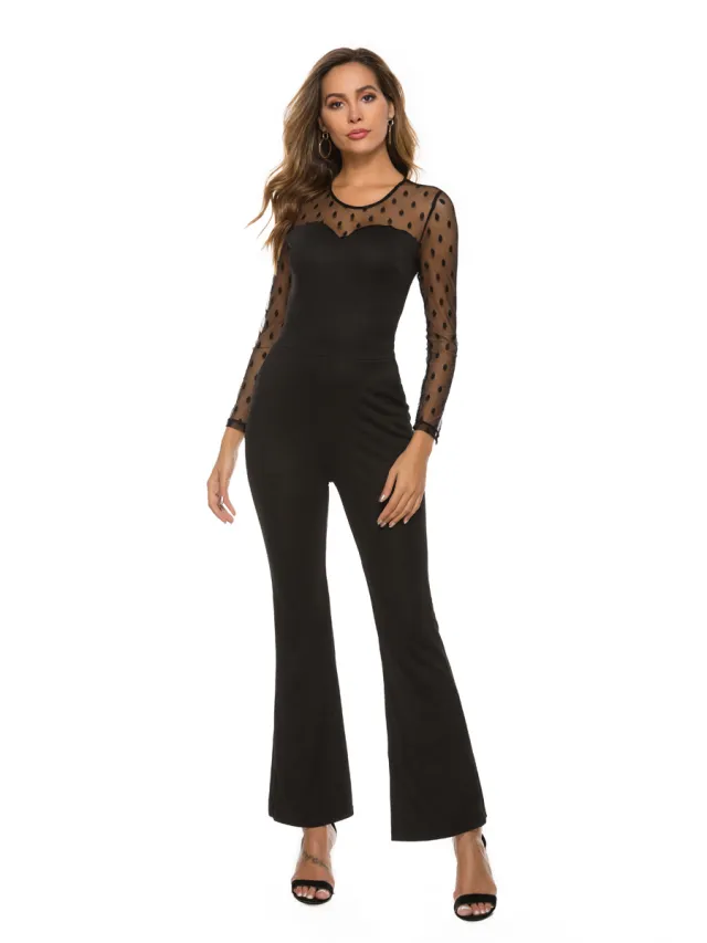 Mesh Stitching Round Neck Solid Color Long Sleeved Sexy Slim Jumpsuit Black - Shop at LoveMi