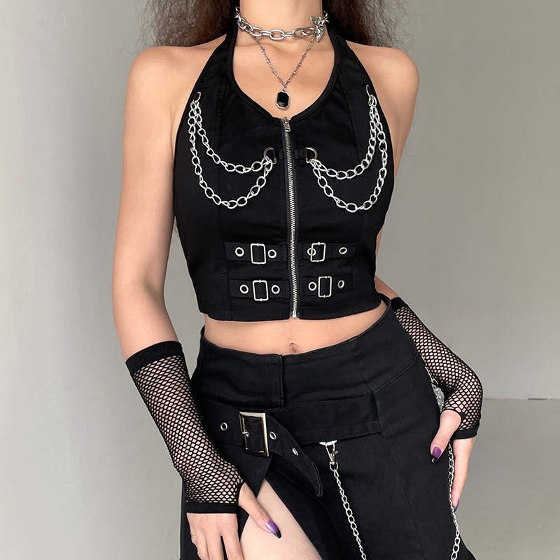 Dark Metal Chain Halter Zip Tank Top