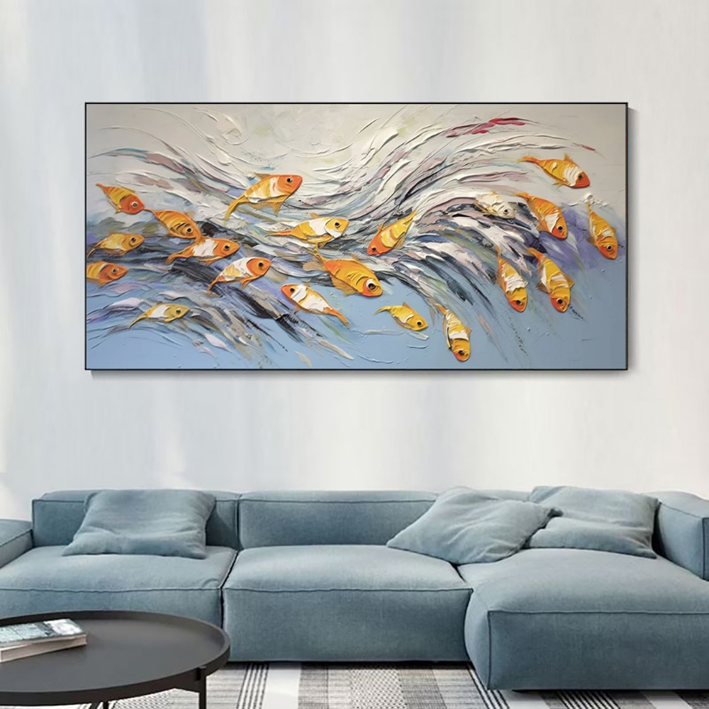لوحة زيتية يدوية على قماش لتزيين الجدران - مجموعة سمك صغيرة مرحة - ديكور غرفة المعيشة بدون إطار وبدون تمدد، ملفوفة