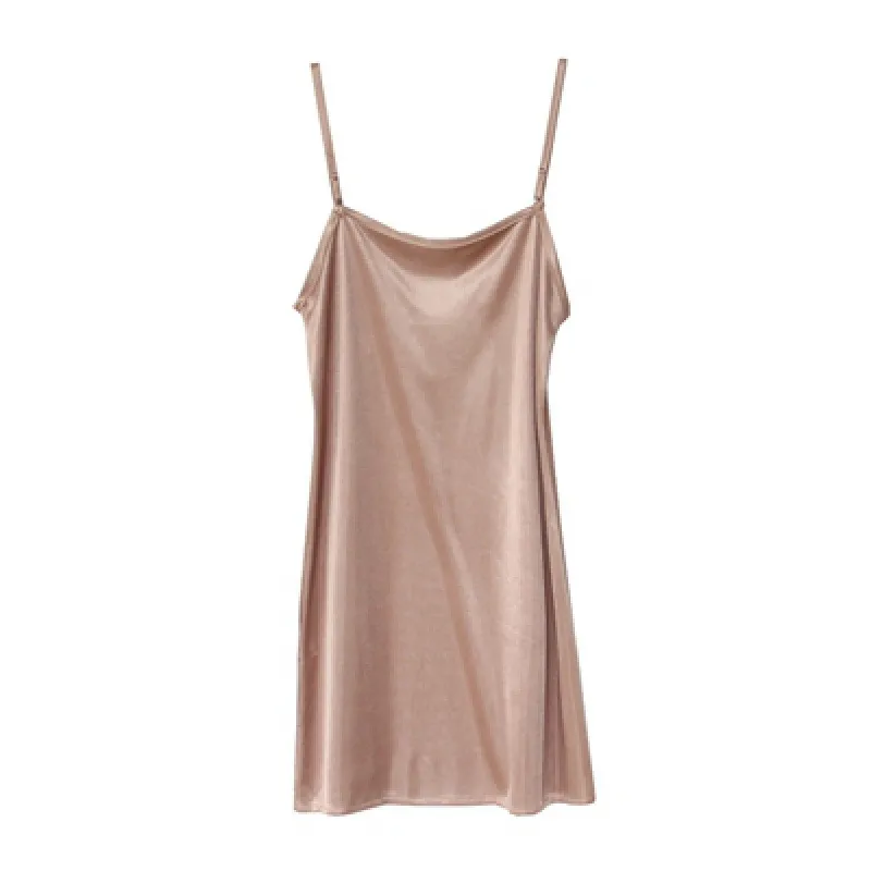 Woman Thin Shoulder Strap Underskirt Spring & Summer Dress Full Slip Petticoat - Champagne-L